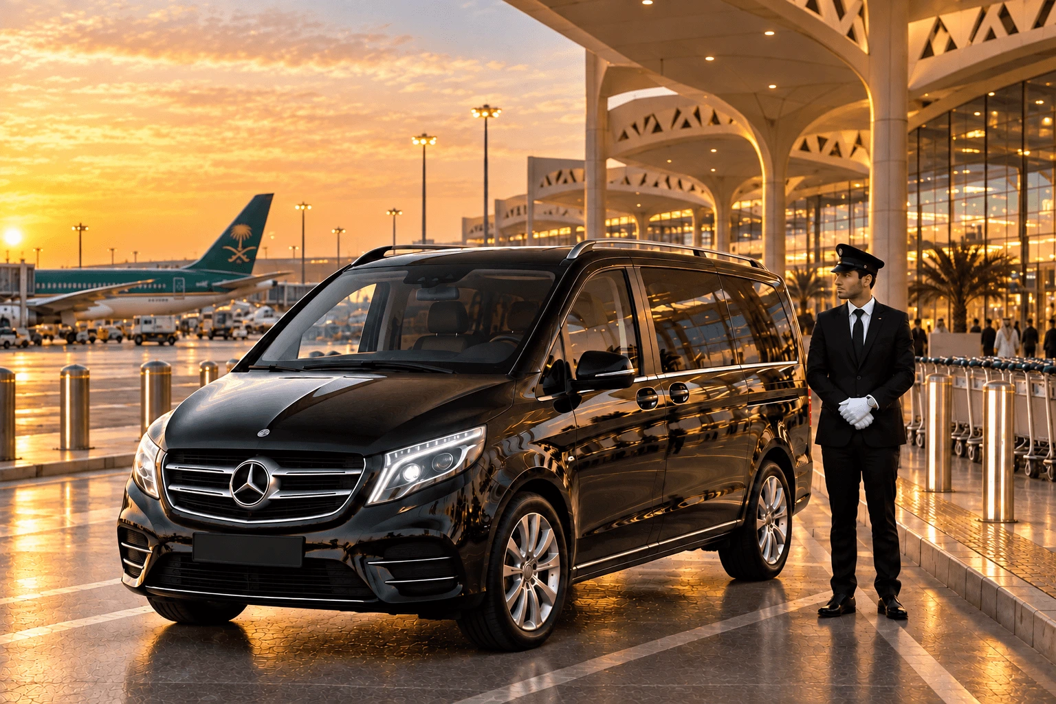Golden Sunset Airport with Mercedes Van